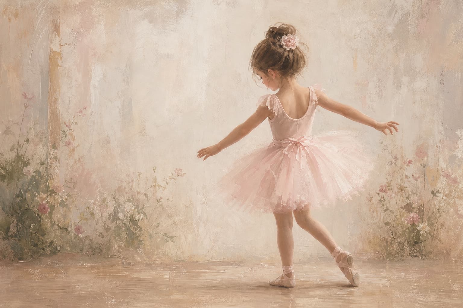 Painterly illustration of a young child in a blush ballet dress turning gently among wildflowers
